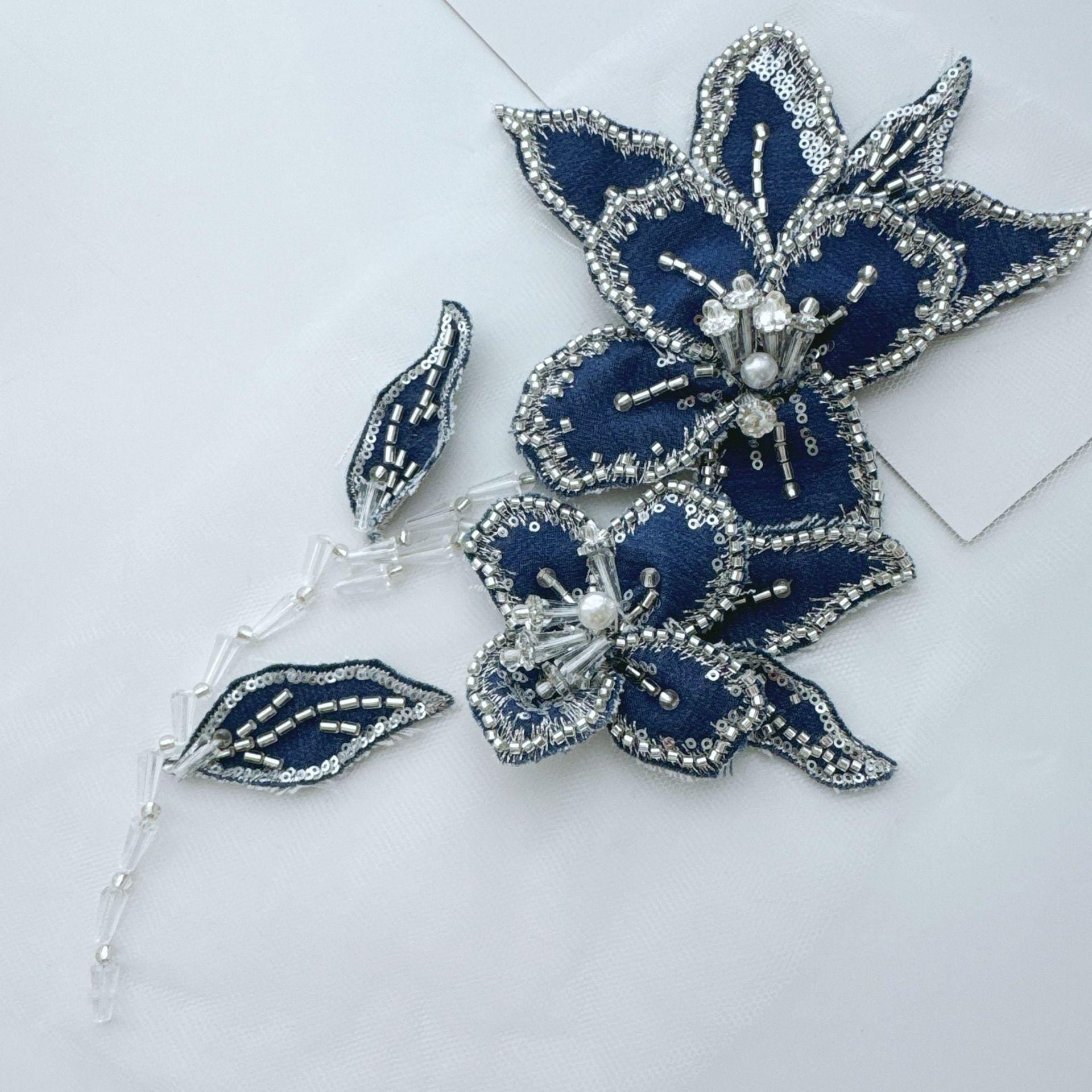 Ornate Beaded Floral Applique on Mesh, Sequin Seed Bead Flower Patch for Evening Gown, Stage Costume, Bridal Dress & Hanfu