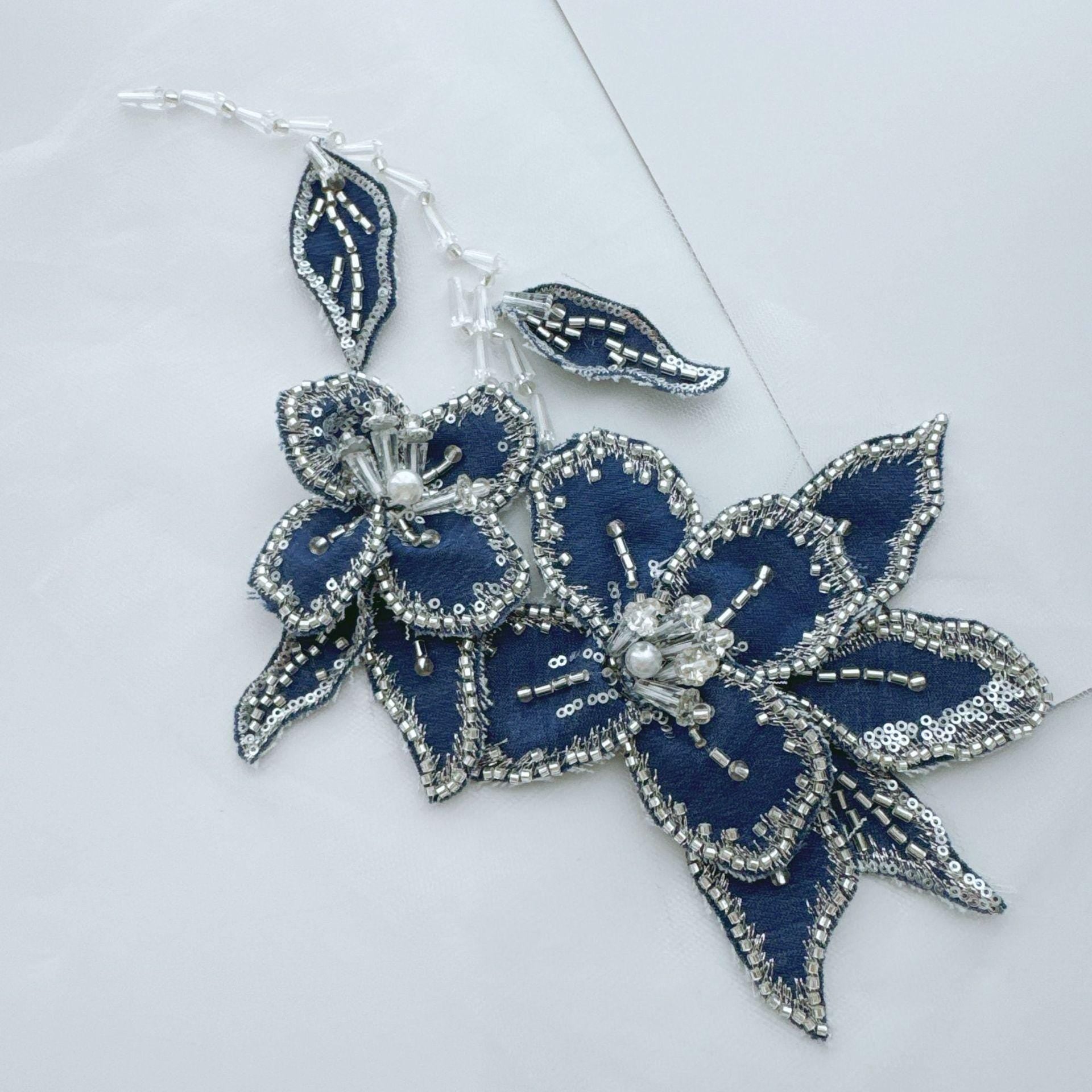 Ornate Beaded Floral Applique on Mesh, Sequin Seed Bead Flower Patch for Evening Gown, Stage Costume, Bridal Dress & Hanfu