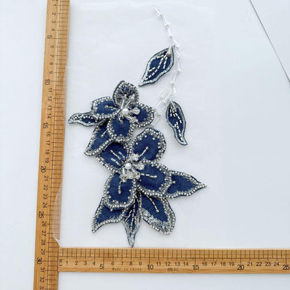 Ornate Beaded Floral Applique on Mesh, Sequin Seed Bead Flower Patch for Evening Gown, Stage Costume, Bridal Dress & Hanfu