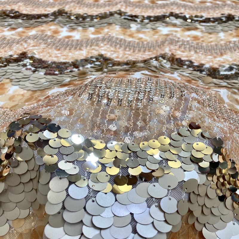 Mixed Size Sequin Embroidered Mesh Fabric, Champagne Gold Silver Stripe Fabric for Evening Gown, Stage Costume and Formal Dress - 49"W