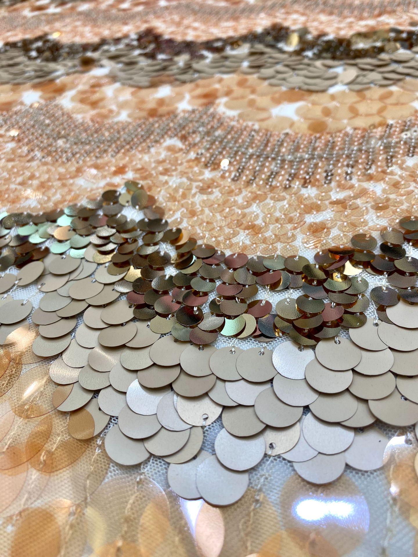 Mixed Size Sequin Embroidered Mesh Fabric, Champagne Gold Silver Stripe Fabric for Evening Gown, Stage Costume and Formal Dress - 49"W