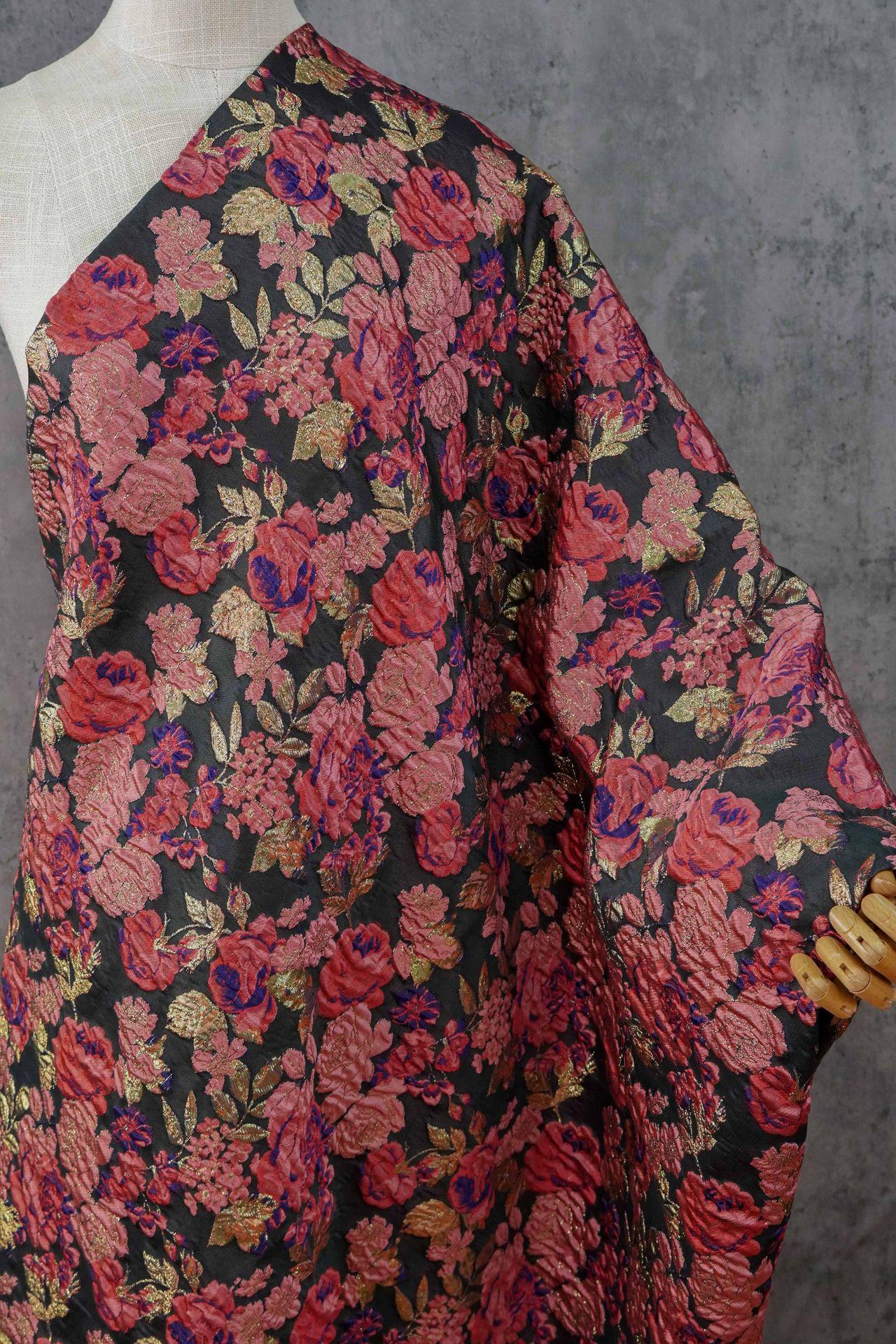Vintage Pink Rose Jacquard Fabric, Raised Floral Metallic Gold Thread Woven Fabric for Evening Gown, Jacket, Bags & Box Decor, 55" Wide