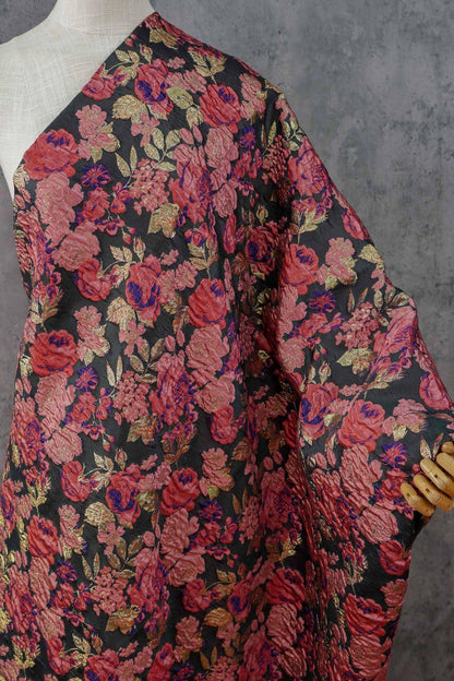 Vintage Pink Rose Jacquard Fabric, Raised Floral Metallic Gold Thread Woven Fabric for Evening Gown, Jacket, Bags & Box Decor, 55" Wide