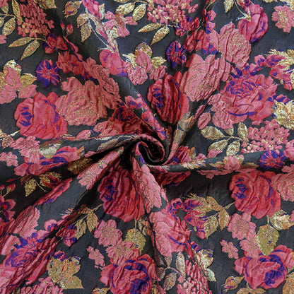 Vintage Pink Rose Jacquard Fabric, Raised Floral Metallic Gold Thread Woven Fabric for Evening Gown, Jacket, Bags & Box Decor, 55" Wide