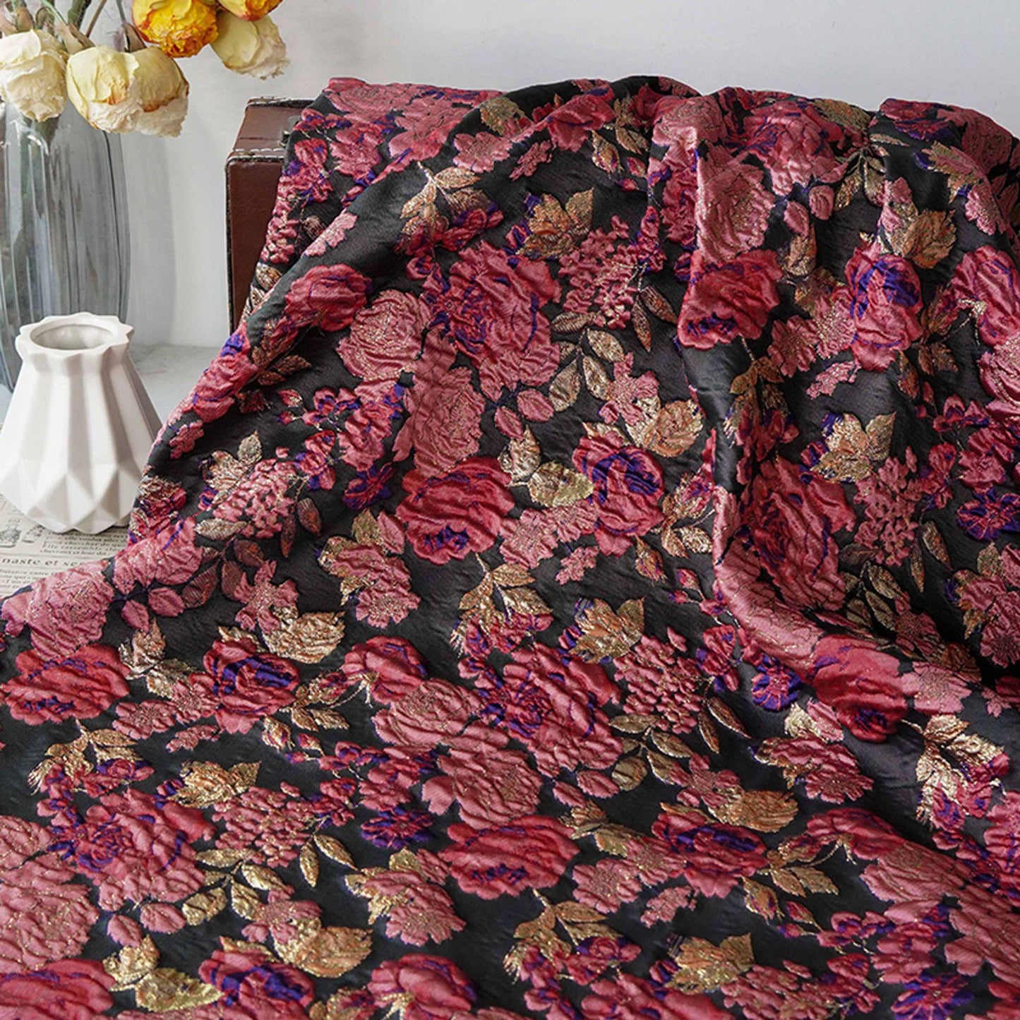 Vintage Pink Rose Jacquard Fabric, Raised Floral Metallic Gold Thread Woven Fabric for Evening Gown, Jacket, Bags & Box Decor, 55" Wide