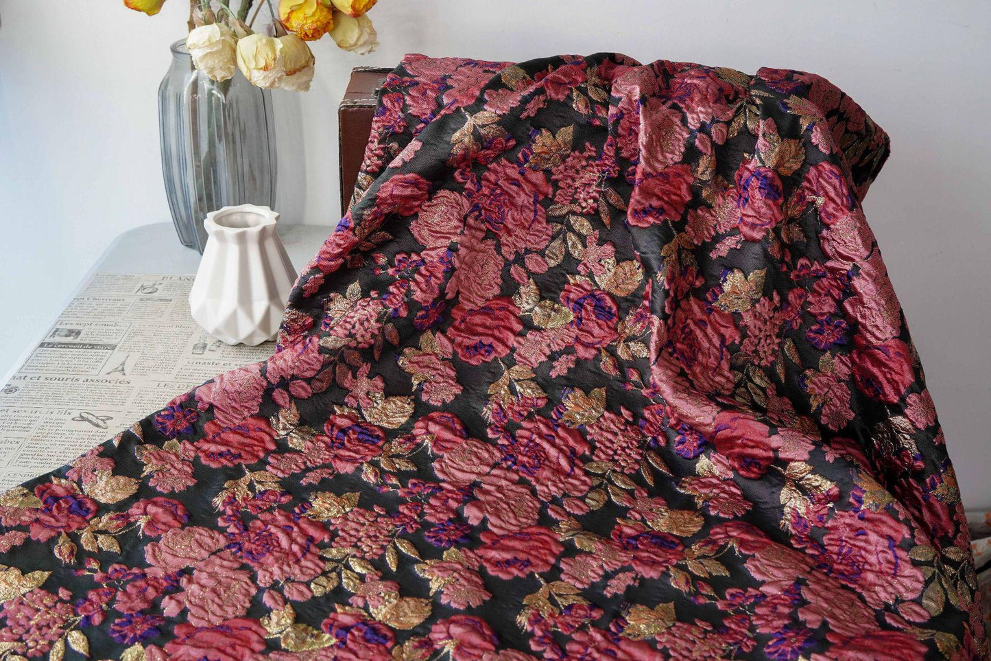 Vintage Pink Rose Jacquard Fabric, Raised Floral Metallic Gold Thread Woven Fabric for Evening Gown, Jacket, Bags & Box Decor, 55" Wide