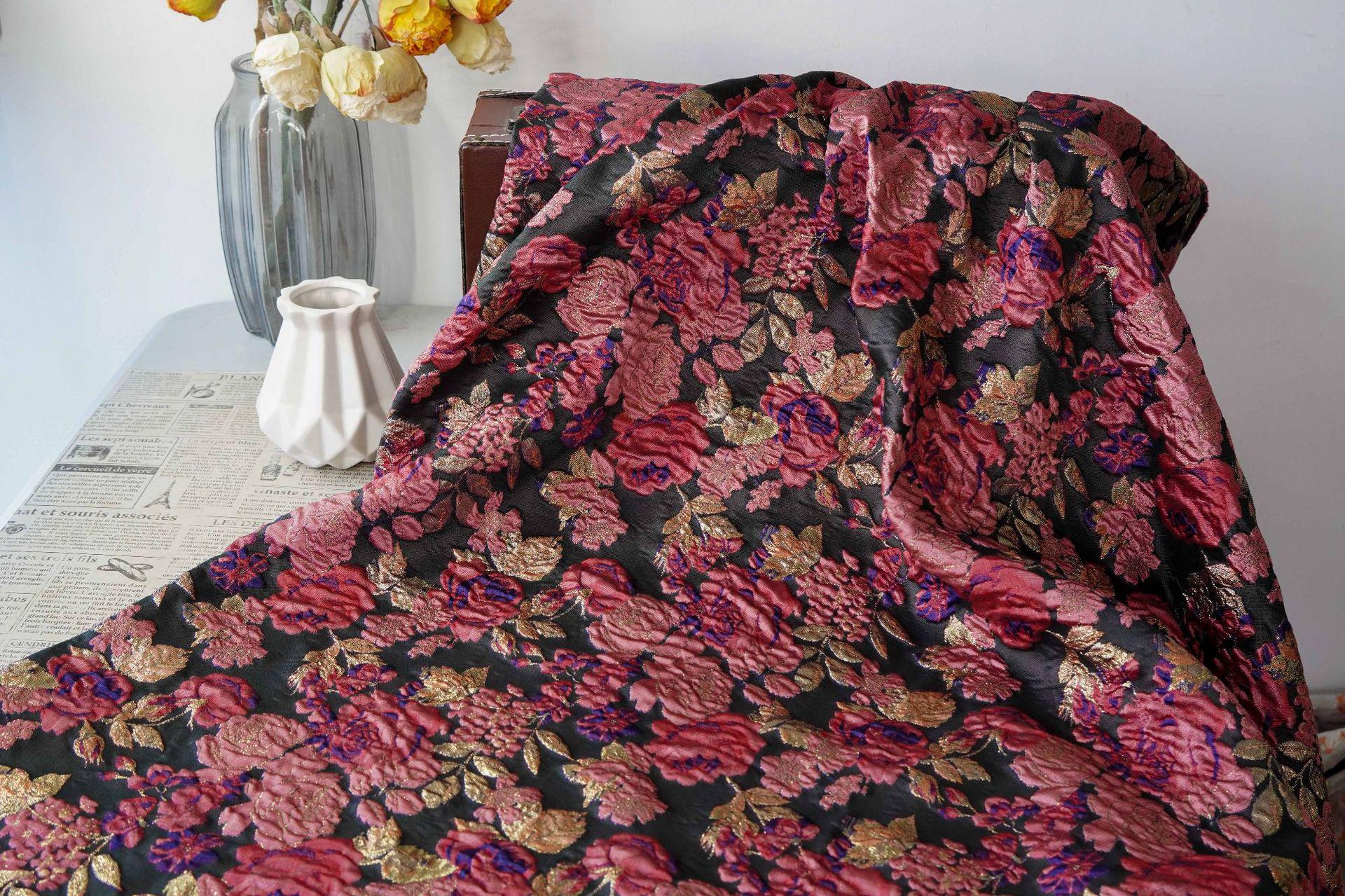 Vintage Pink Rose Jacquard Fabric, Raised Floral Metallic Gold Thread Woven Fabric for Evening Gown, Jacket, Bags & Box Decor, 55" Wide