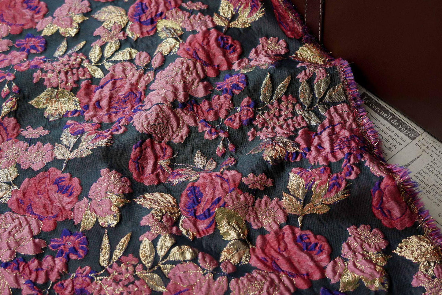 Vintage Pink Rose Jacquard Fabric, Raised Floral Metallic Gold Thread Woven Fabric for Evening Gown, Jacket, Bags & Box Decor, 55" Wide