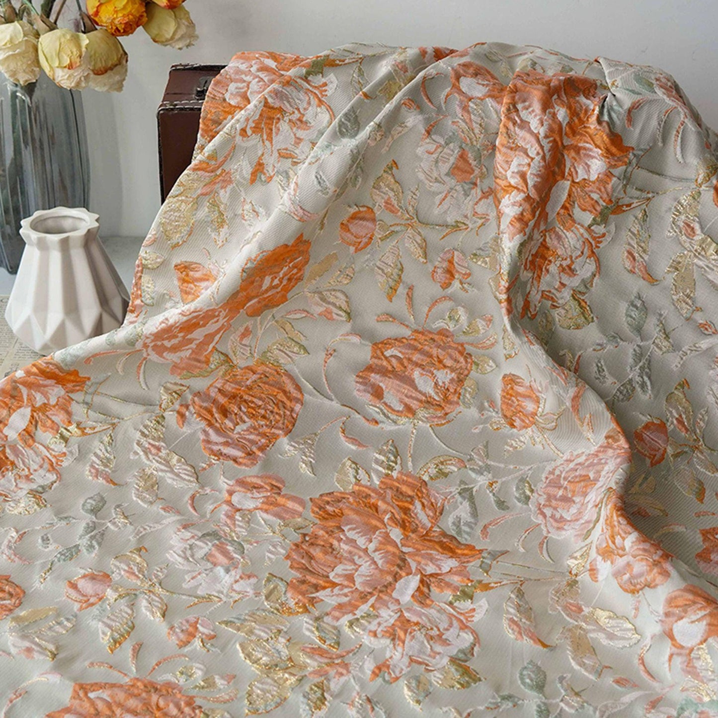 Raised Peony Jacquard Fabric, Orange Ivory Metallic Gold Yarn-Dyed Woven Textile for Dress, Vest, Table Runner & Decor, 55" Wide