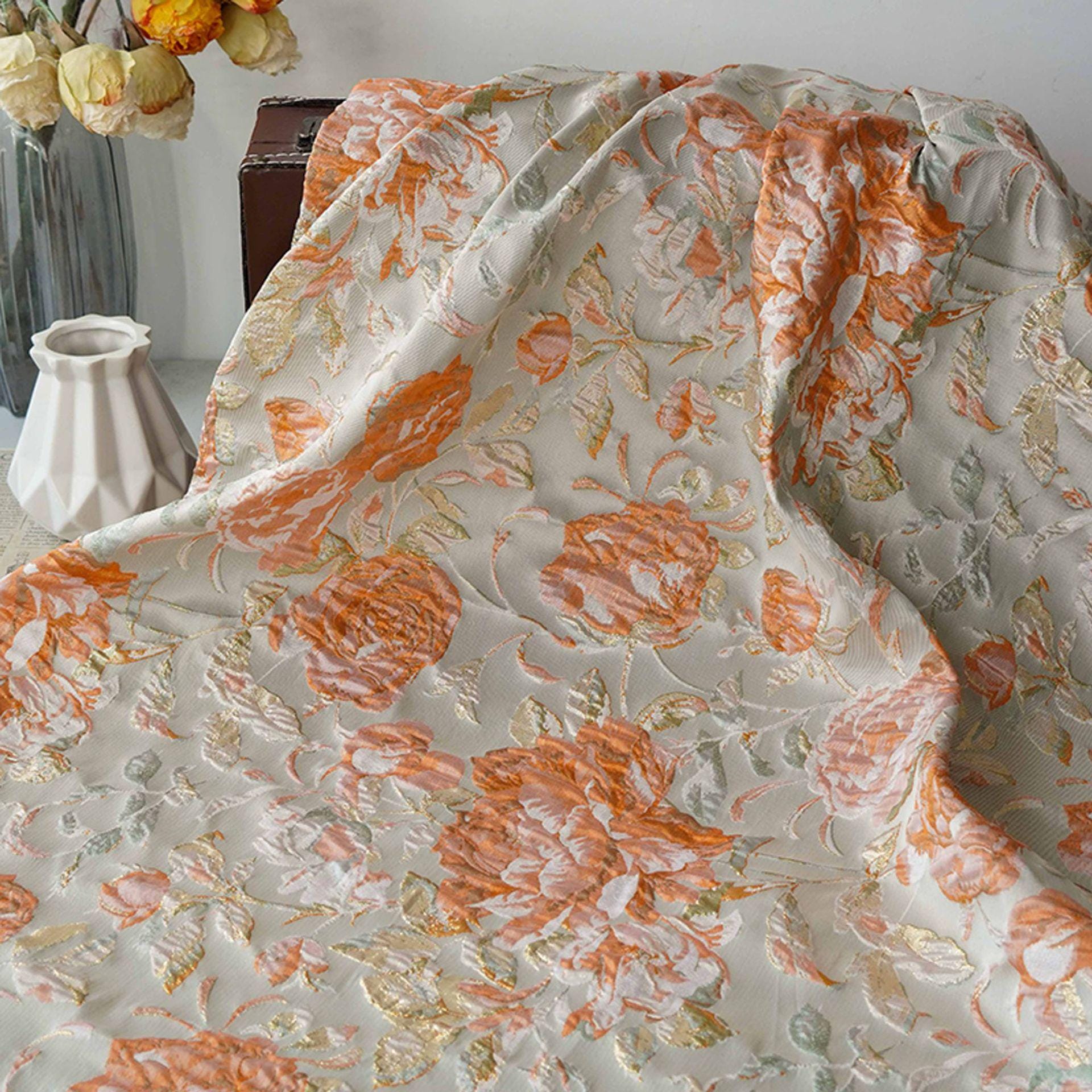 Raised Peony Jacquard Fabric, Orange Ivory Metallic Gold Yarn-Dyed Woven Textile for Dress, Vest, Table Runner & Decor, 55" Wide