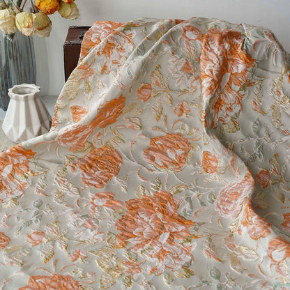 Raised Peony Jacquard Fabric, Orange Ivory Metallic Gold Yarn-Dyed Woven Textile for Dress, Vest, Table Runner & Decor, 55" Wide