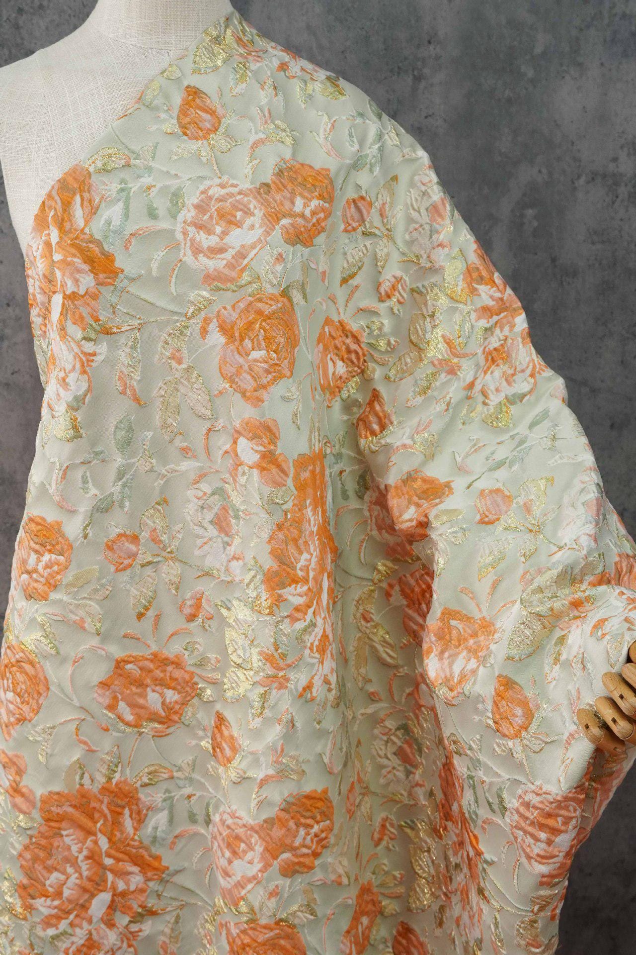 Raised Peony Jacquard Fabric, Orange Ivory Metallic Gold Yarn-Dyed Woven Textile for Dress, Vest, Table Runner & Decor, 55" Wide