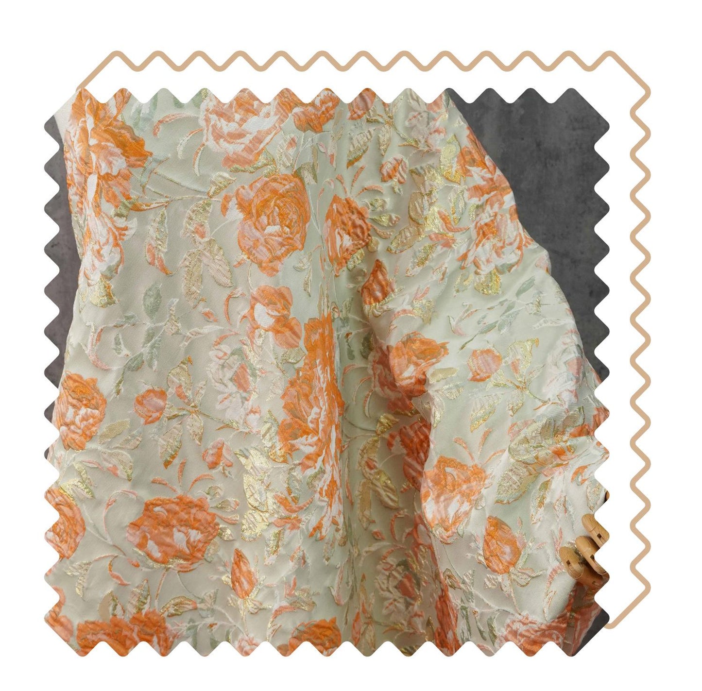 Raised Peony Jacquard Fabric, Orange Ivory Metallic Gold Yarn-Dyed Woven Textile for Dress, Vest, Table Runner & Decor, 55" Wide