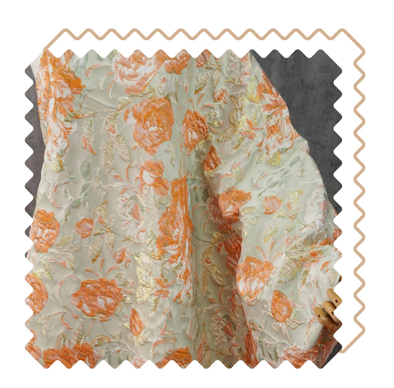Raised Peony Jacquard Fabric, Orange Ivory Metallic Gold Yarn-Dyed Woven Textile for Dress, Vest, Table Runner & Decor, 55" Wide