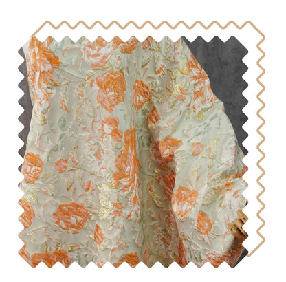 Raised Peony Jacquard Fabric, Orange Ivory Metallic Gold Yarn-Dyed Woven Textile for Dress, Vest, Table Runner & Decor, 55" Wide