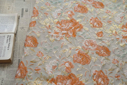 Raised Peony Jacquard Fabric, Orange Ivory Metallic Gold Yarn-Dyed Woven Textile for Dress, Vest, Table Runner & Decor, 55" Wide