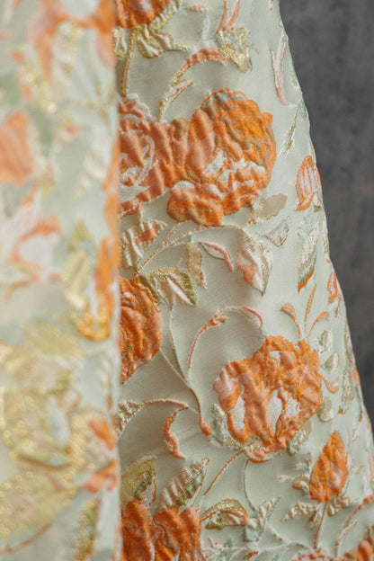 Raised Peony Jacquard Fabric, Orange Ivory Metallic Gold Yarn-Dyed Woven Textile for Dress, Vest, Table Runner & Decor, 55" Wide