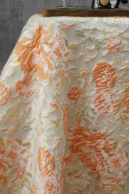 Raised Peony Jacquard Fabric, Orange Ivory Metallic Gold Yarn-Dyed Woven Textile for Dress, Vest, Table Runner & Decor, 55" Wide