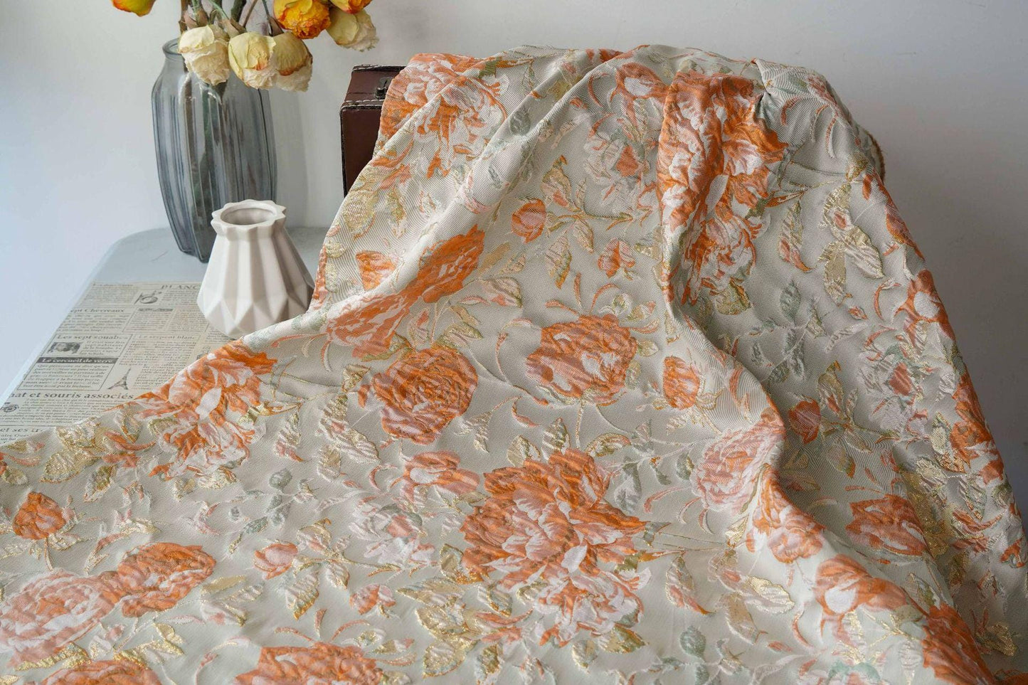 Raised Peony Jacquard Fabric, Orange Ivory Metallic Gold Yarn-Dyed Woven Textile for Dress, Vest, Table Runner & Decor, 55" Wide