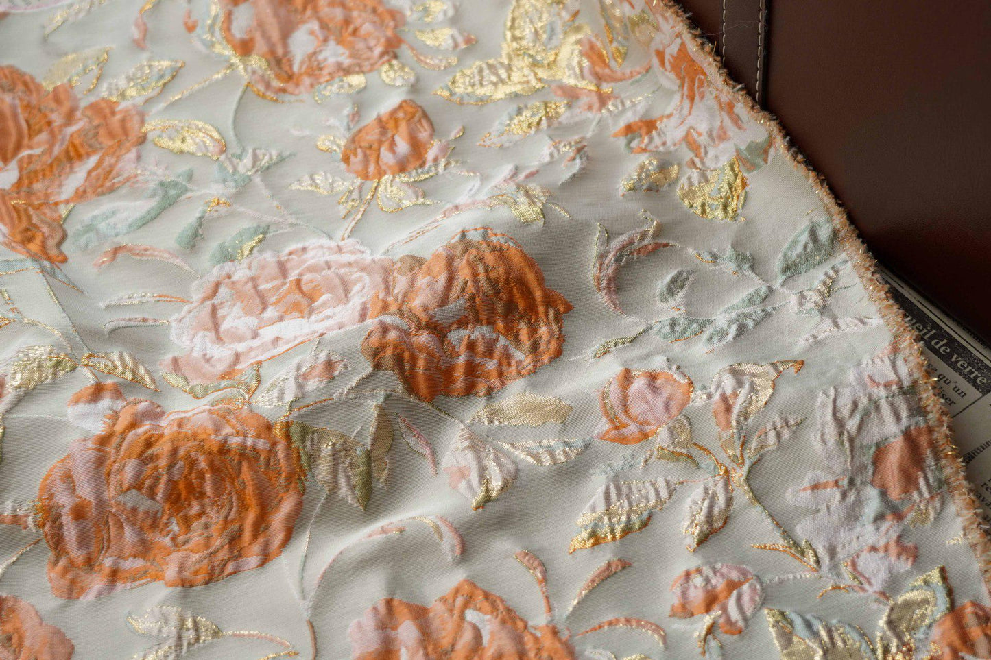 Raised Peony Jacquard Fabric, Orange Ivory Metallic Gold Yarn-Dyed Woven Textile for Dress, Vest, Table Runner & Decor, 55" Wide