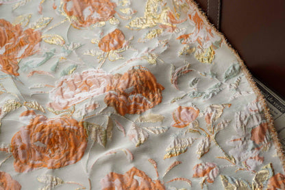 Raised Peony Jacquard Fabric, Orange Ivory Metallic Gold Yarn-Dyed Woven Textile for Dress, Vest, Table Runner & Decor, 55" Wide