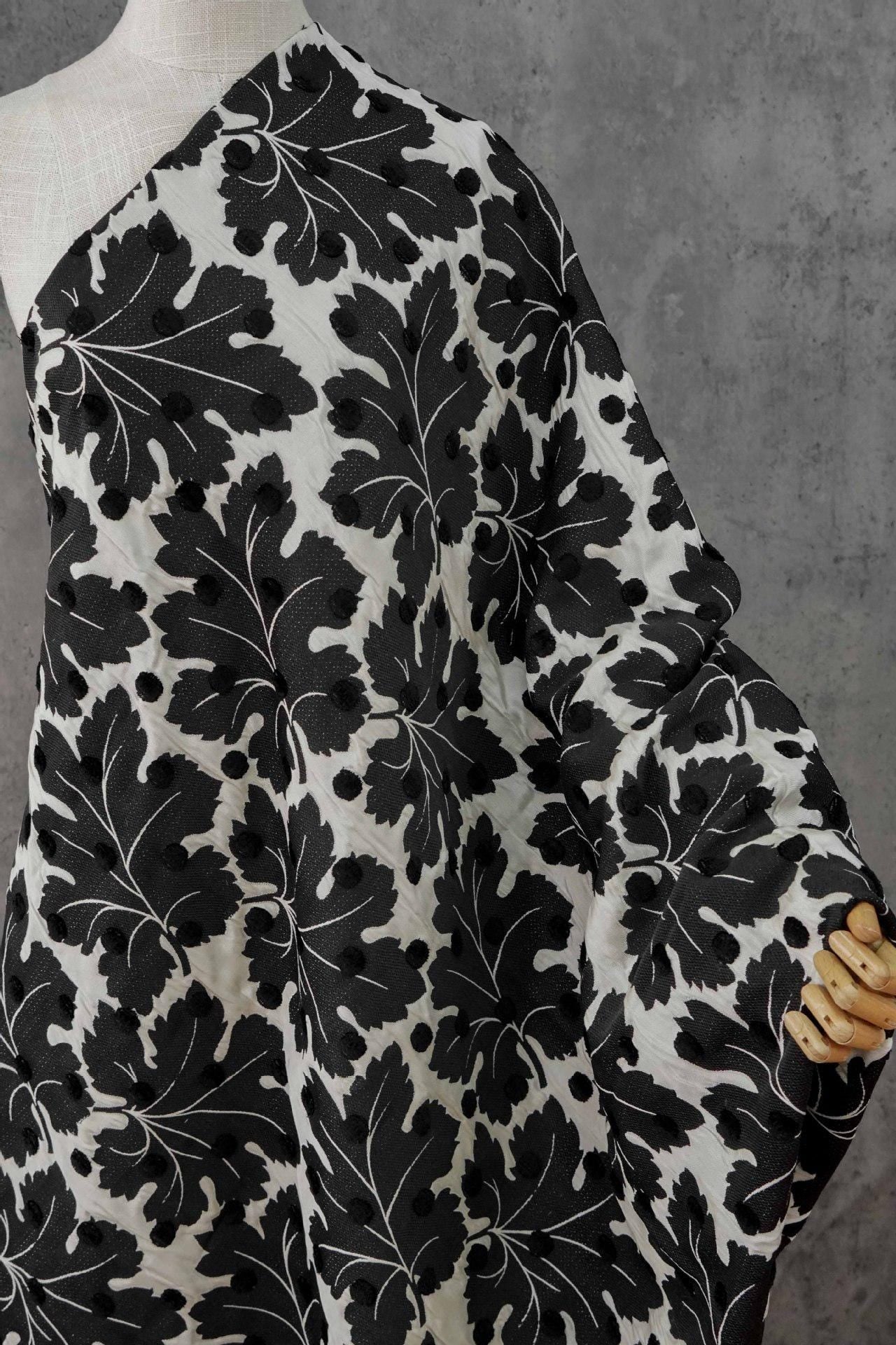 Vintage Velvet Flocked Oak Leaf Jacquard Fabric, Black White Floral Upholstery Textile, Retro Home Decor Fabric, Luxury Woven Material, 53"W