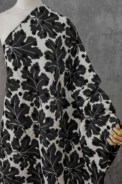 Vintage Velvet Flocked Oak Leaf Jacquard Fabric, Black White Floral Upholstery Textile, Retro Home Decor Fabric, Luxury Woven Material, 53"W