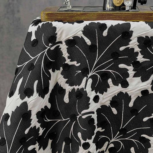 Vintage Velvet Flocked Oak Leaf Jacquard Fabric, Black White Floral Upholstery Textile, Retro Home Decor Fabric, Luxury Woven Material, 53"W - Poppylollipop