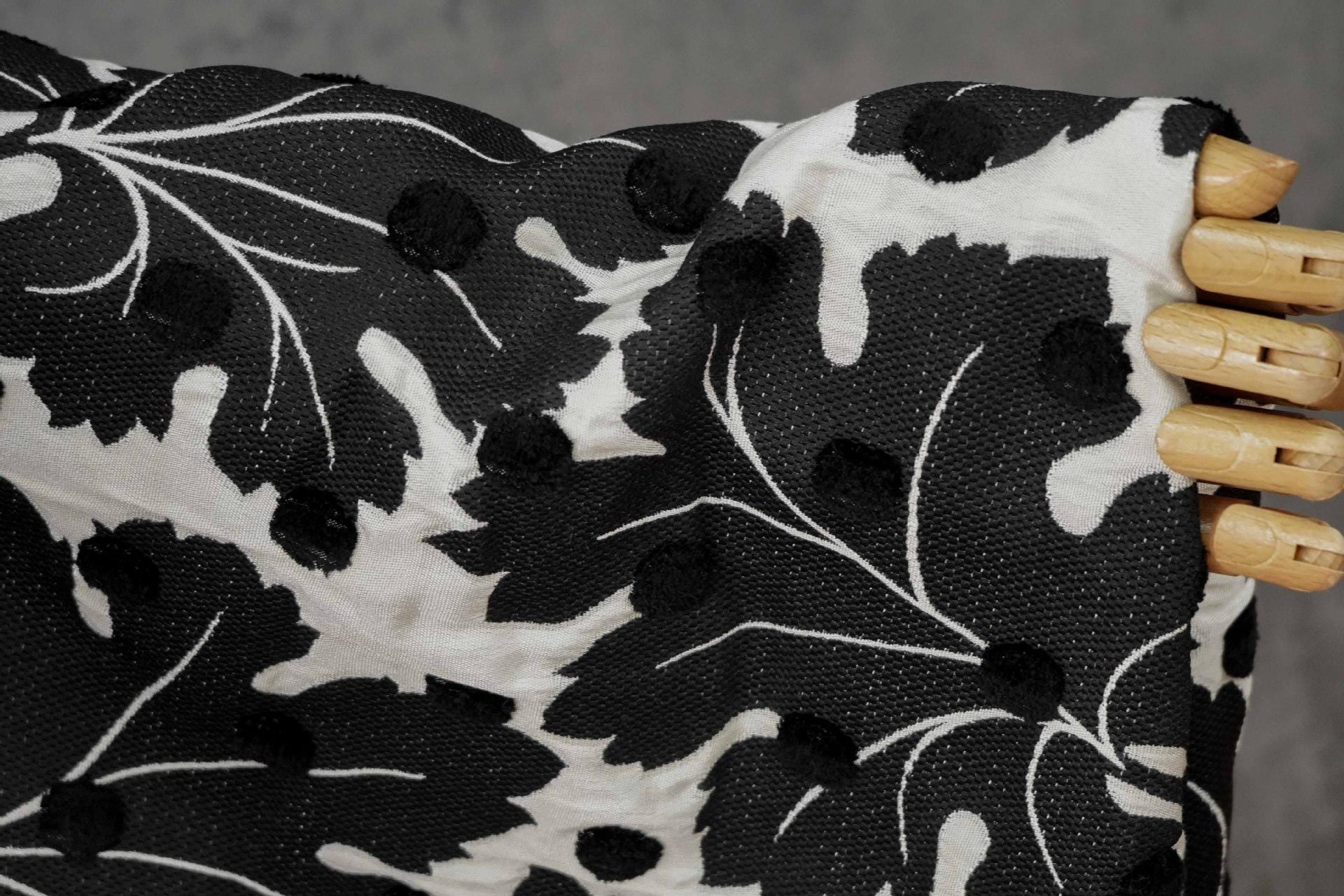 Vintage Velvet Flocked Oak Leaf Jacquard Fabric, Black White Floral Upholstery Textile, Retro Home Decor Fabric, Luxury Woven Material, 53"W