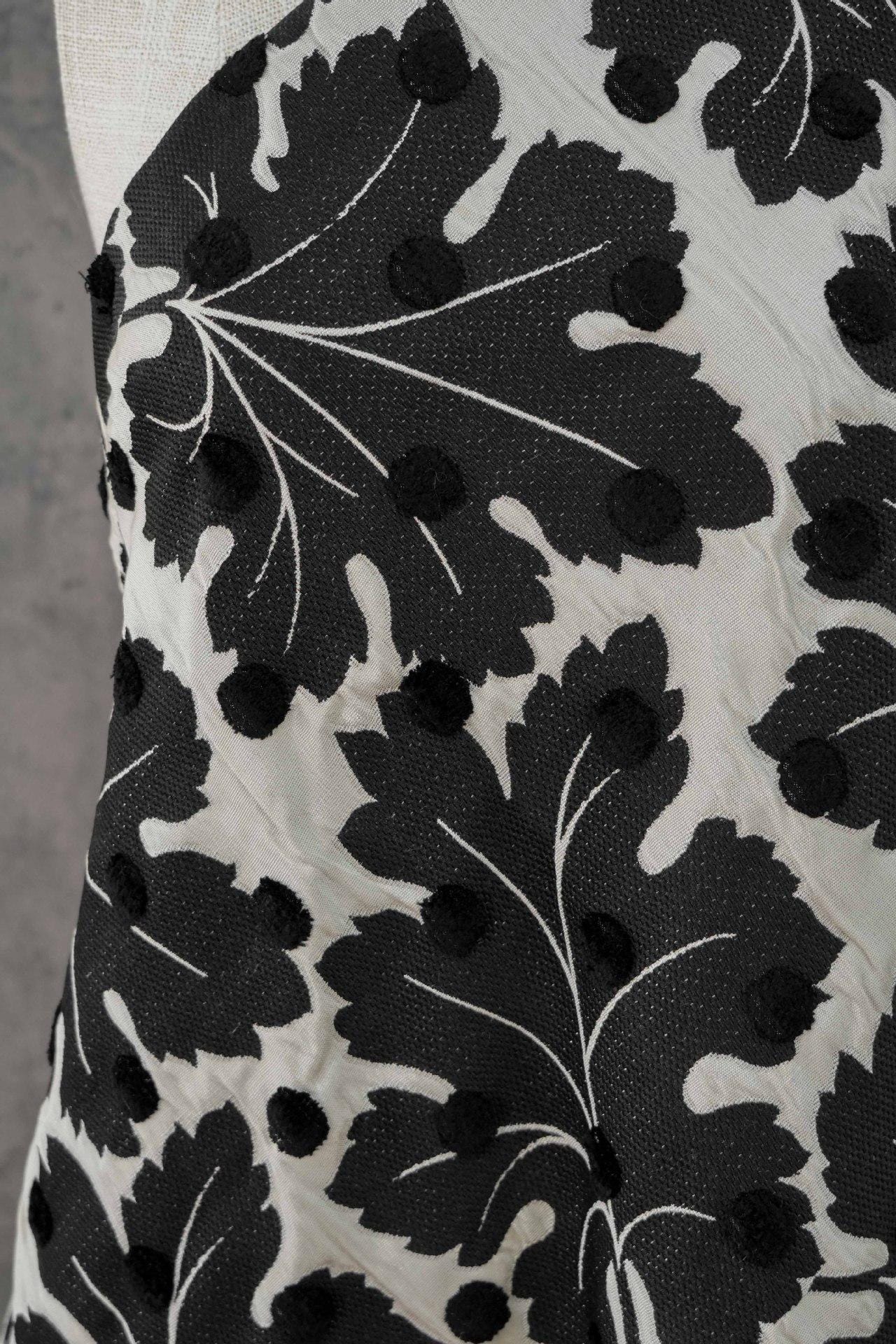 Vintage Velvet Flocked Oak Leaf Jacquard Fabric, Black White Floral Upholstery Textile, Retro Home Decor Fabric, Luxury Woven Material, 53"W