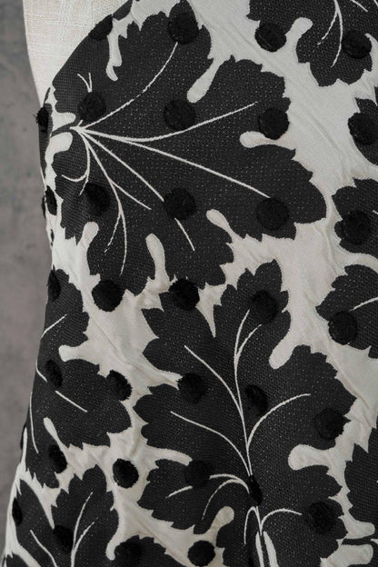 Vintage Velvet Flocked Oak Leaf Jacquard Fabric, Black White Floral Upholstery Textile, Retro Home Decor Fabric, Luxury Woven Material, 53"W