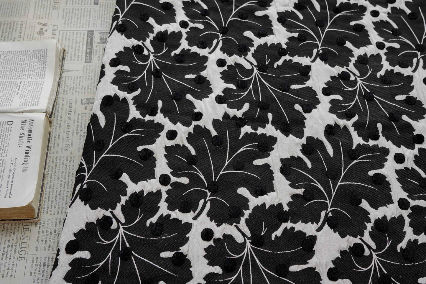 Vintage Velvet Flocked Oak Leaf Jacquard Fabric, Black White Floral Upholstery Textile, Retro Home Decor Fabric, Luxury Woven Material, 53"W