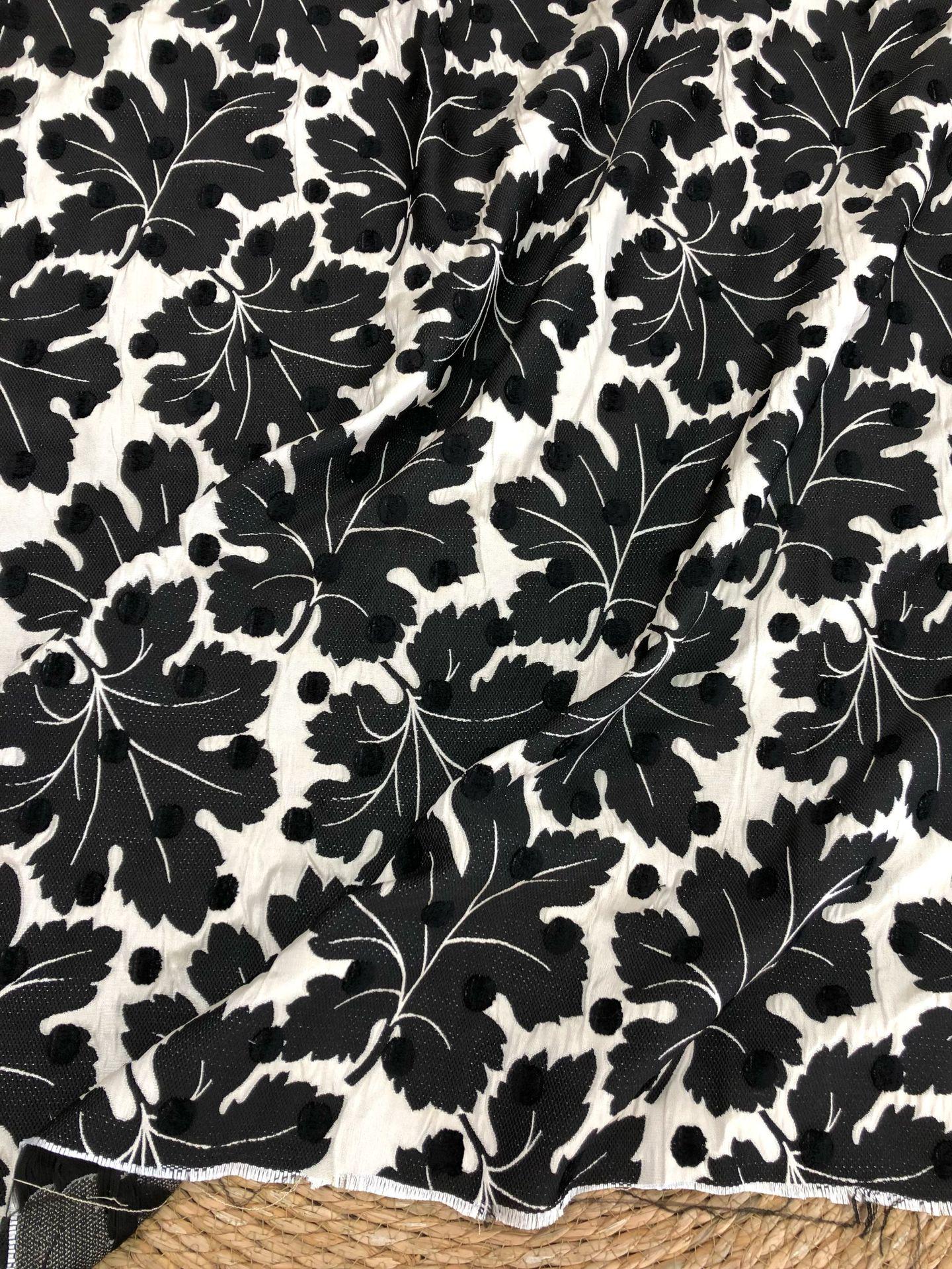 Vintage Velvet Flocked Oak Leaf Jacquard Fabric, Black White Floral Upholstery Textile, Retro Home Decor Fabric, Luxury Woven Material, 53"W