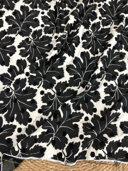 Vintage Velvet Flocked Oak Leaf Jacquard Fabric, Black White Floral Upholstery Textile, Retro Home Decor Fabric, Luxury Woven Material, 53"W