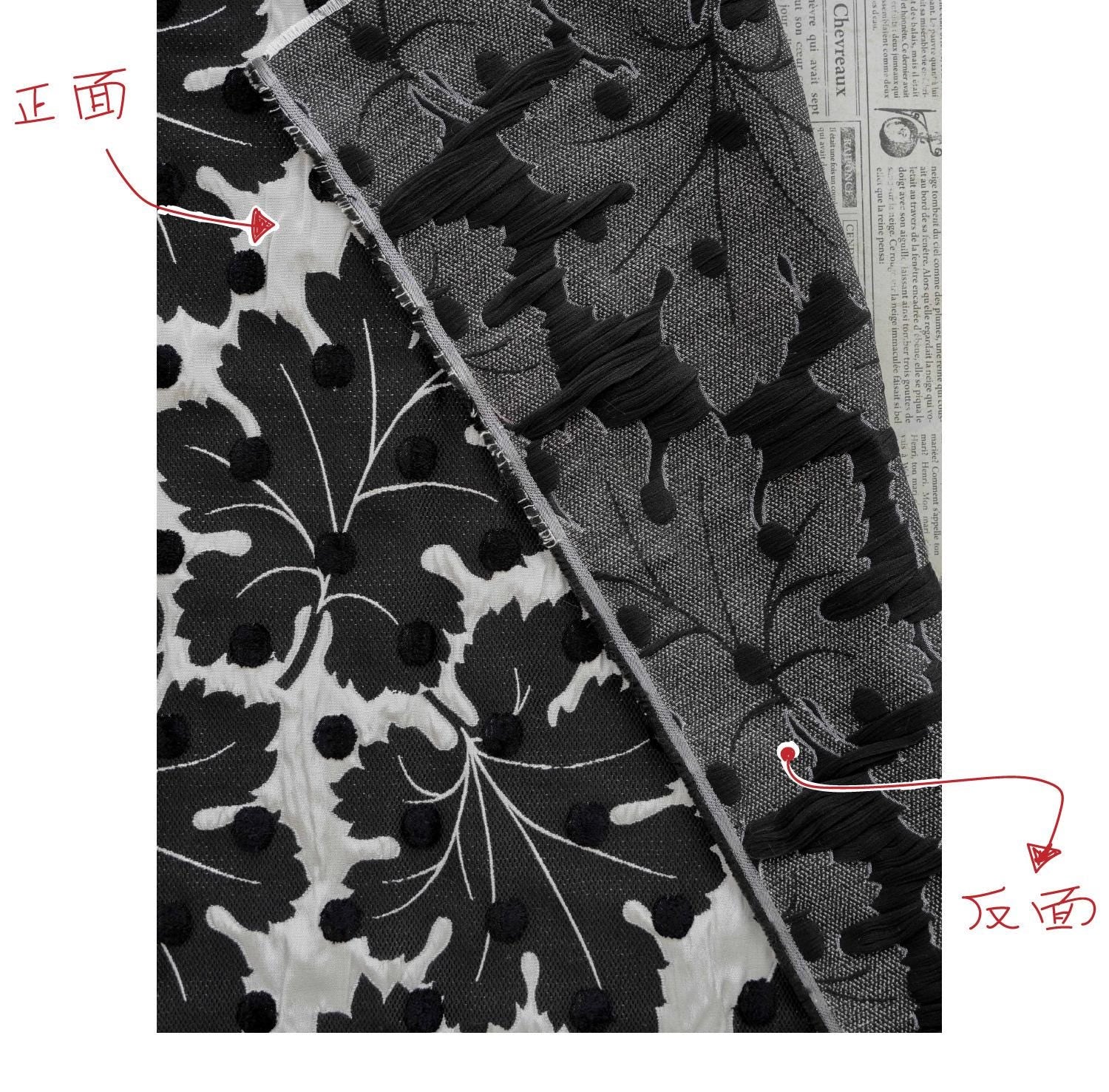 Vintage Velvet Flocked Oak Leaf Jacquard Fabric, Black White Floral Upholstery Textile, Retro Home Decor Fabric, Luxury Woven Material, 53"W