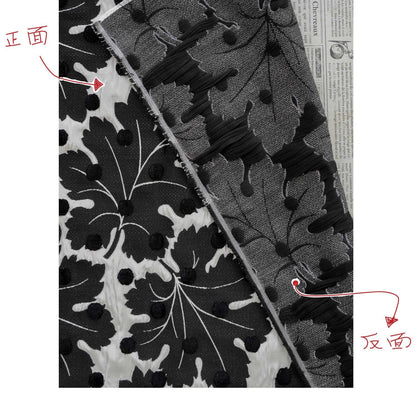 Vintage Velvet Flocked Oak Leaf Jacquard Fabric, Black White Floral Upholstery Textile, Retro Home Decor Fabric, Luxury Woven Material, 53"W