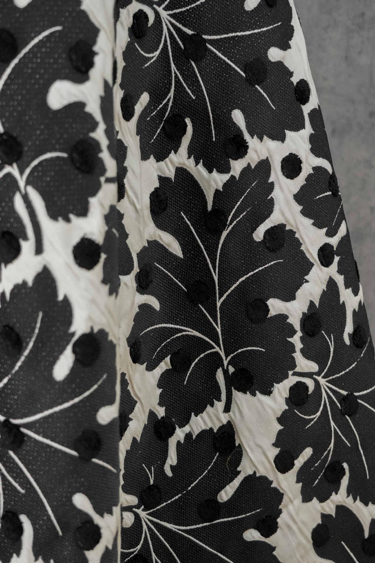 Vintage Velvet Flocked Oak Leaf Jacquard Fabric, Black White Floral Upholstery Textile, Retro Home Decor Fabric, Luxury Woven Material, 53"W