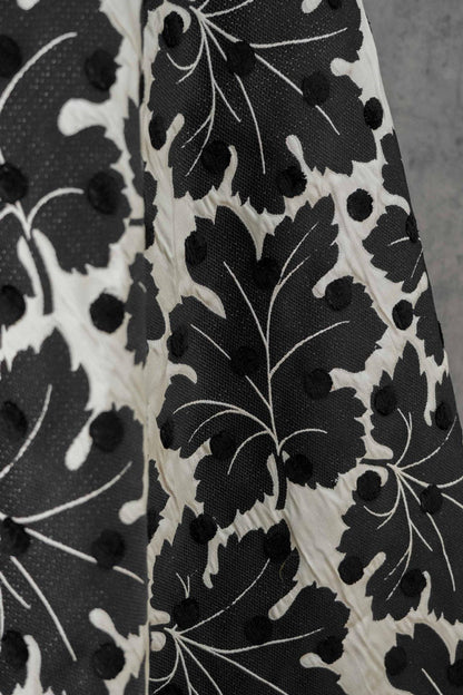Vintage Velvet Flocked Oak Leaf Jacquard Fabric, Black White Floral Upholstery Textile, Retro Home Decor Fabric, Luxury Woven Material, 53"W