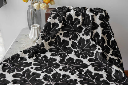 Vintage Velvet Flocked Oak Leaf Jacquard Fabric, Black White Floral Upholstery Textile, Retro Home Decor Fabric, Luxury Woven Material, 53"W