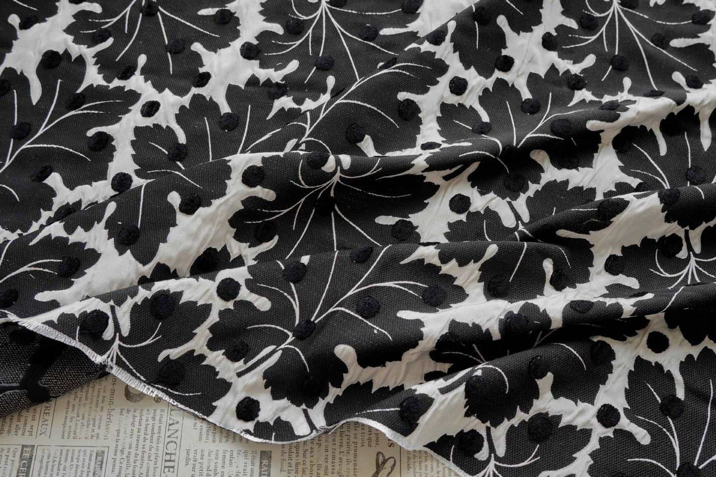 Vintage Velvet Flocked Oak Leaf Jacquard Fabric, Black White Floral Upholstery Textile, Retro Home Decor Fabric, Luxury Woven Material, 53"W
