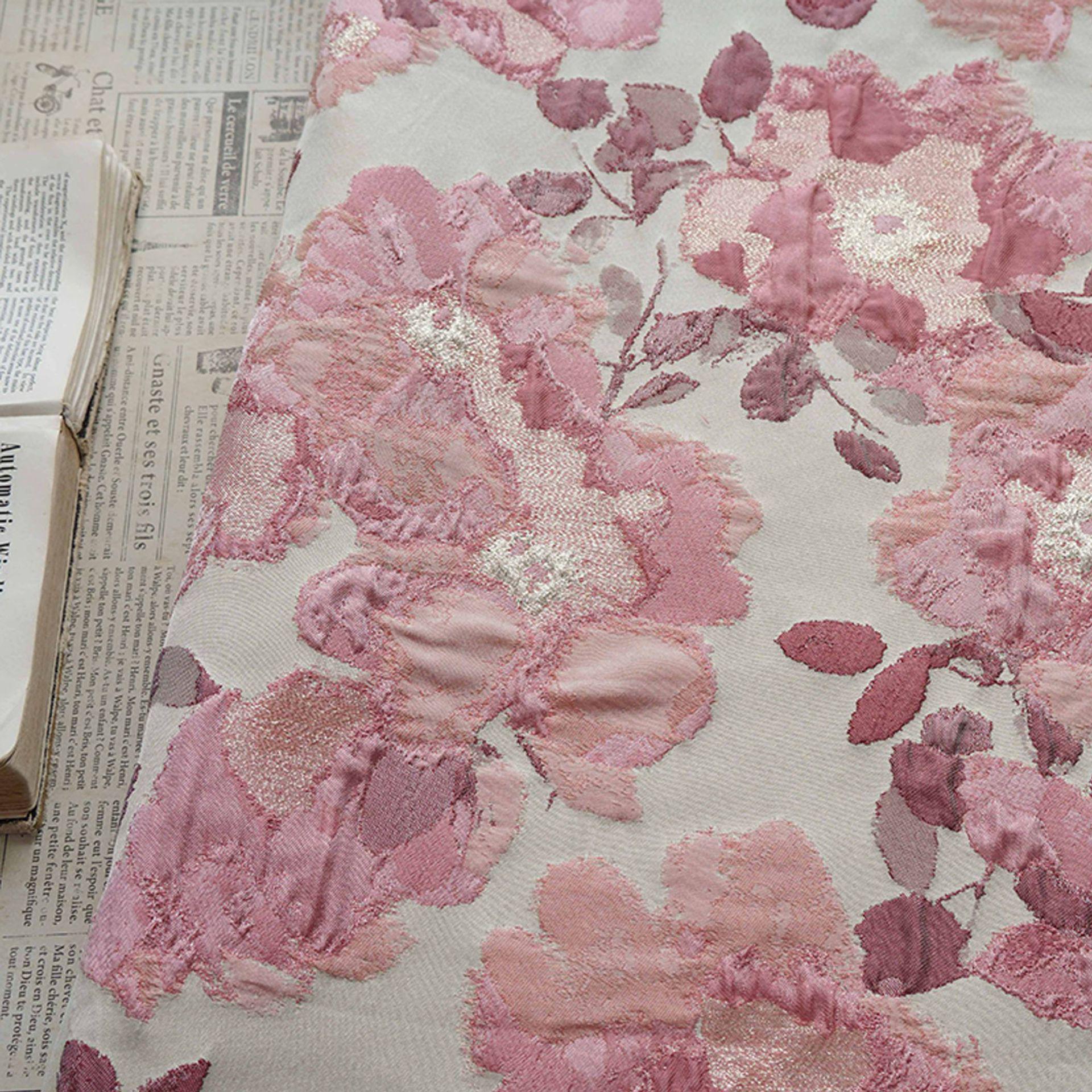 Pink Floral Jacquard Fabric, Oil Painting Style Embossed Flower Textile, Gold Metallic Woven Fabric, Vintage Dress Home Decor Material, 54"