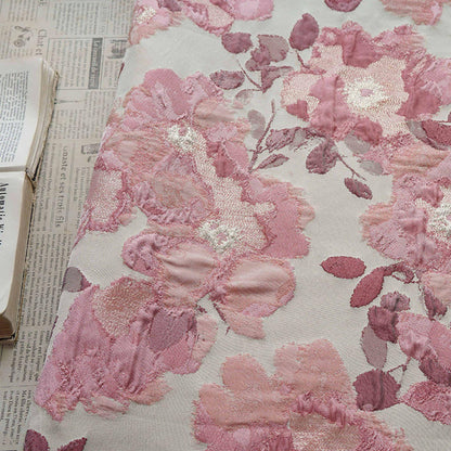 Pink Floral Jacquard Fabric, Oil Painting Style Embossed Flower Textile, Gold Metallic Woven Fabric, Vintage Dress Home Decor Material, 54"