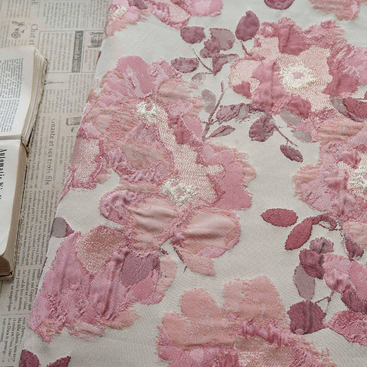 Pink Floral Jacquard Fabric, Oil Painting Style Embossed Flower Textile, Gold Metallic Woven Fabric, Vintage Dress Home Decor Material, 54" - Poppylollipop