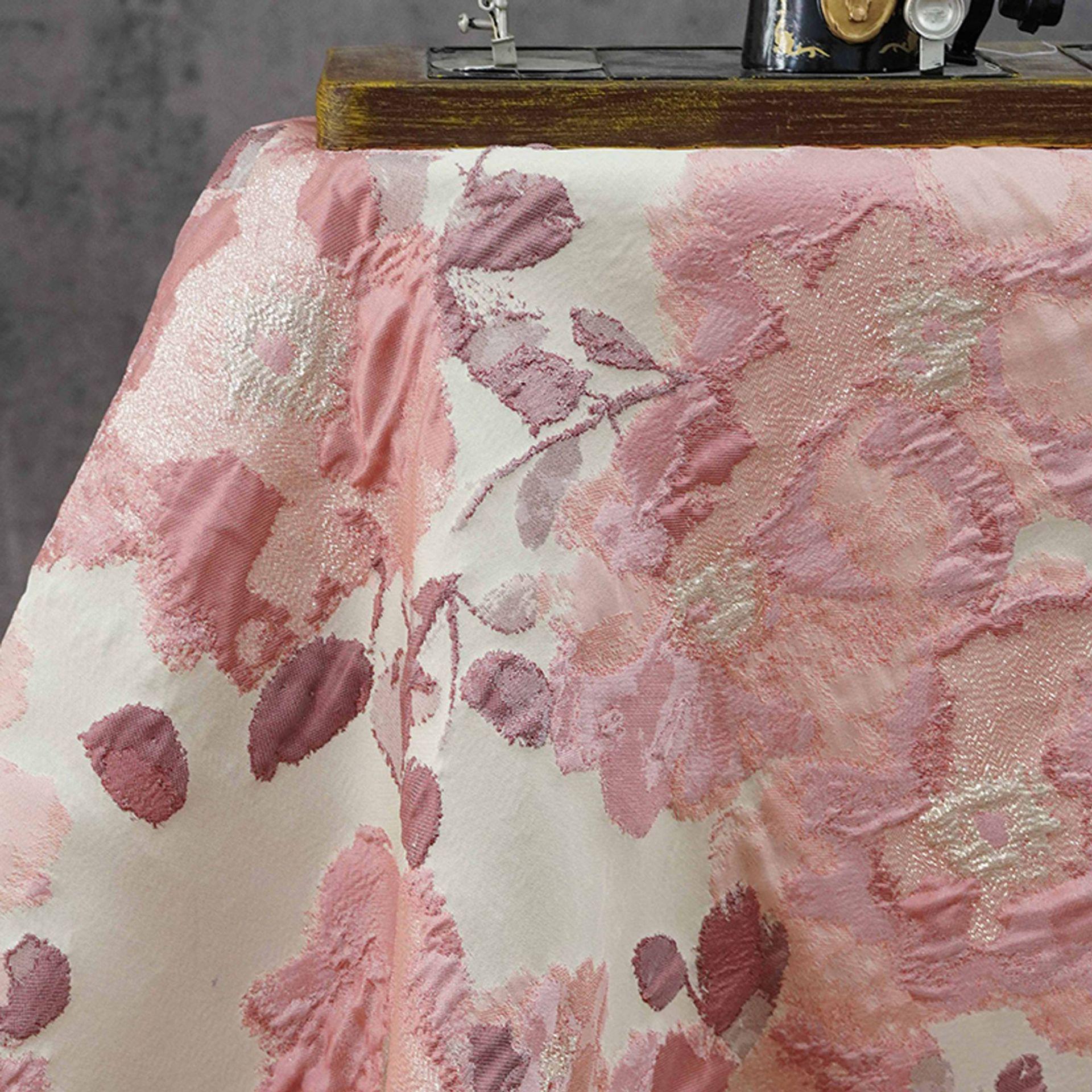 Pink Floral Jacquard Fabric, Oil Painting Style Embossed Flower Textile, Gold Metallic Woven Fabric, Vintage Dress Home Decor Material, 54"