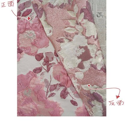 Pink Floral Jacquard Fabric, Oil Painting Style Embossed Flower Textile, Gold Metallic Woven Fabric, Vintage Dress Home Decor Material, 54"