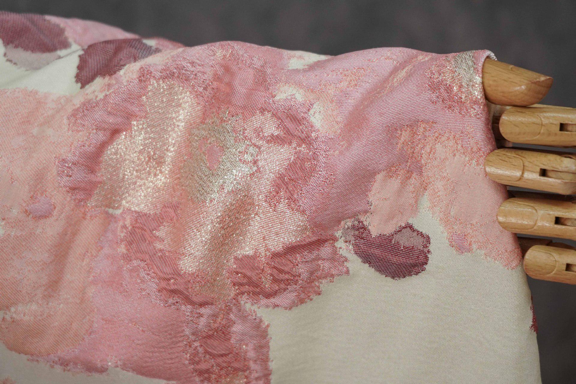 Pink Floral Jacquard Fabric, Oil Painting Style Embossed Flower Textile, Gold Metallic Woven Fabric, Vintage Dress Home Decor Material, 54"