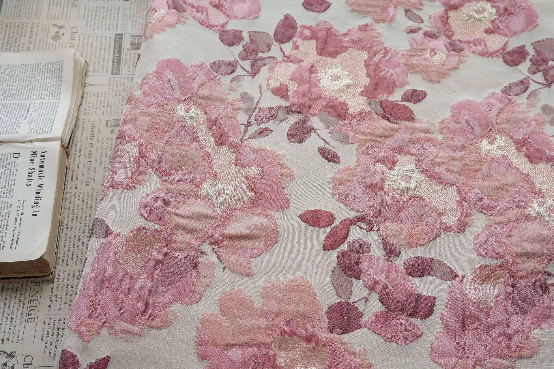 Pink Floral Jacquard Fabric, Oil Painting Style Embossed Flower Textile, Gold Metallic Woven Fabric, Vintage Dress Home Decor Material, 54"
