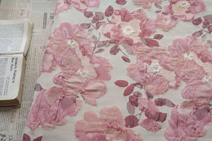 Pink Floral Jacquard Fabric, Oil Painting Style Embossed Flower Textile, Gold Metallic Woven Fabric, Vintage Dress Home Decor Material, 54"