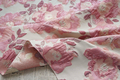Pink Floral Jacquard Fabric, Oil Painting Style Embossed Flower Textile, Gold Metallic Woven Fabric, Vintage Dress Home Decor Material, 54"
