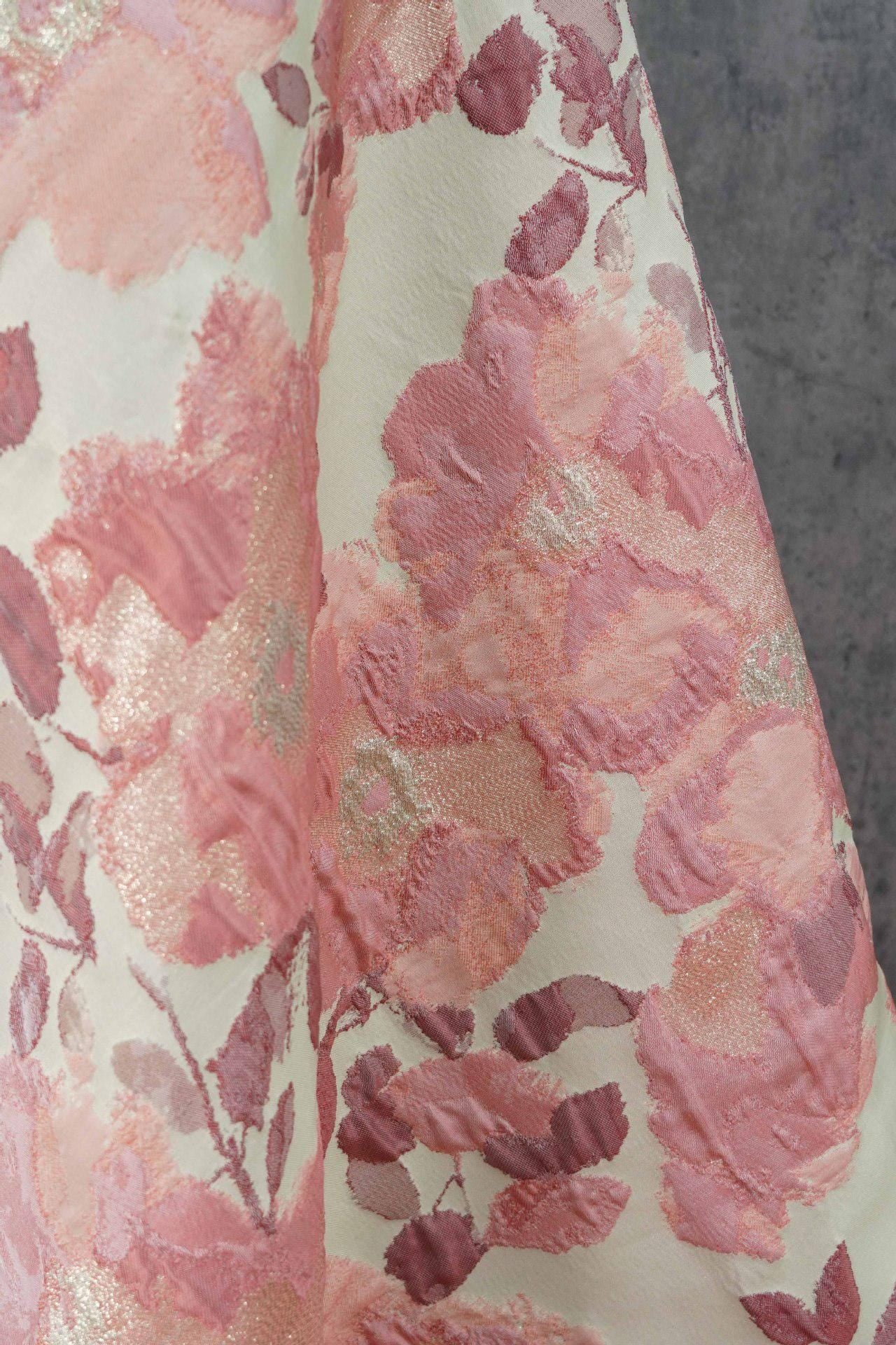 Pink Floral Jacquard Fabric, Oil Painting Style Embossed Flower Textile, Gold Metallic Woven Fabric, Vintage Dress Home Decor Material, 54"